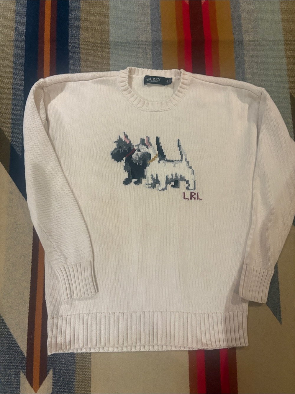 Lauren Ralph Lauren Cream Crewneck Sweater with Scottie Dog Intarsia